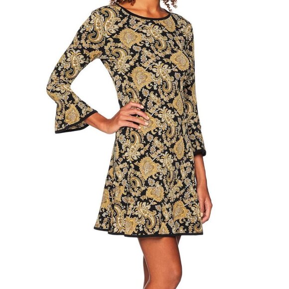 NWT Michael Kors Paisley Print Bell Sleeves Flounce Dress Black Marigold l XS - Picture 1 of 10